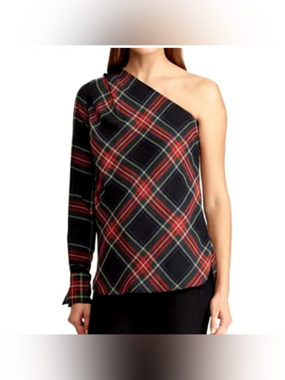 Lauren Ralph Lauren One-Shoulder Plaid Top in Black and Red size 12